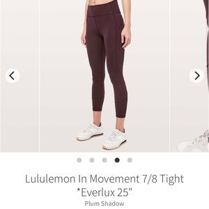 F35 Lululemon Womens In Movement Tight HR Size 2 Plum Shadow Everlux 25" RARE!